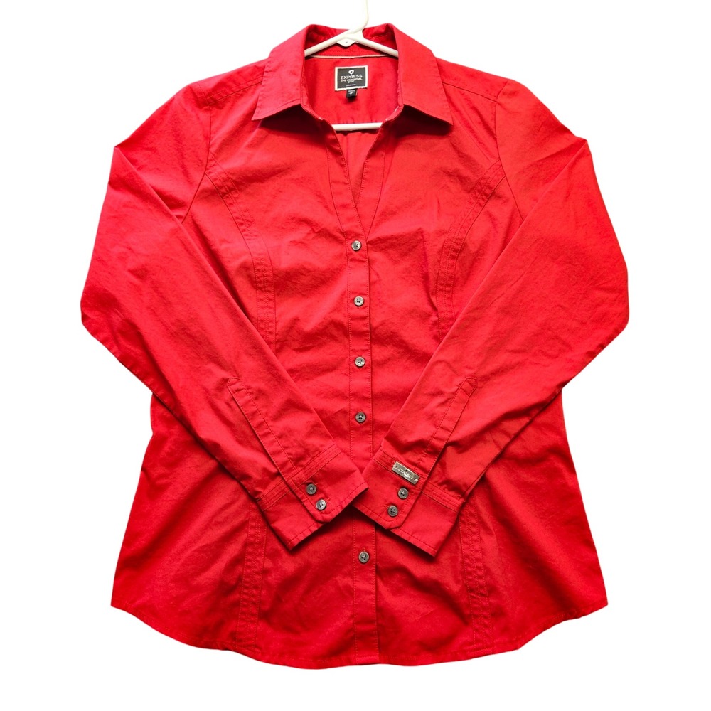 Express The Essential Shirt Womens Medium Red Long Sleeve Button Down Blouse